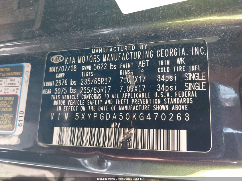 2019 Kia Sorento 3.3L Lx VIN: 5XYPGDA50KG470263 Lot: 43219092