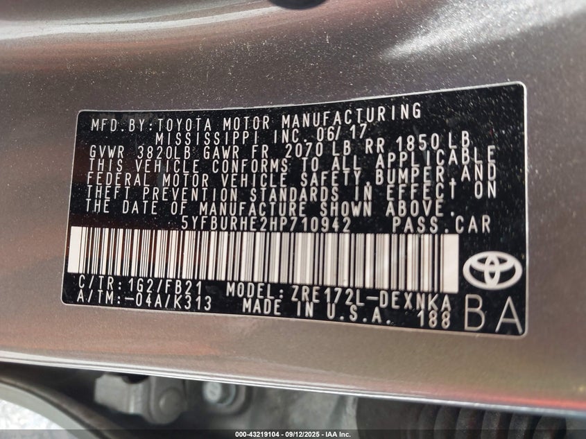 2017 Toyota Corolla Le VIN: 5YFBURHE2HP710942 Lot: 43219104