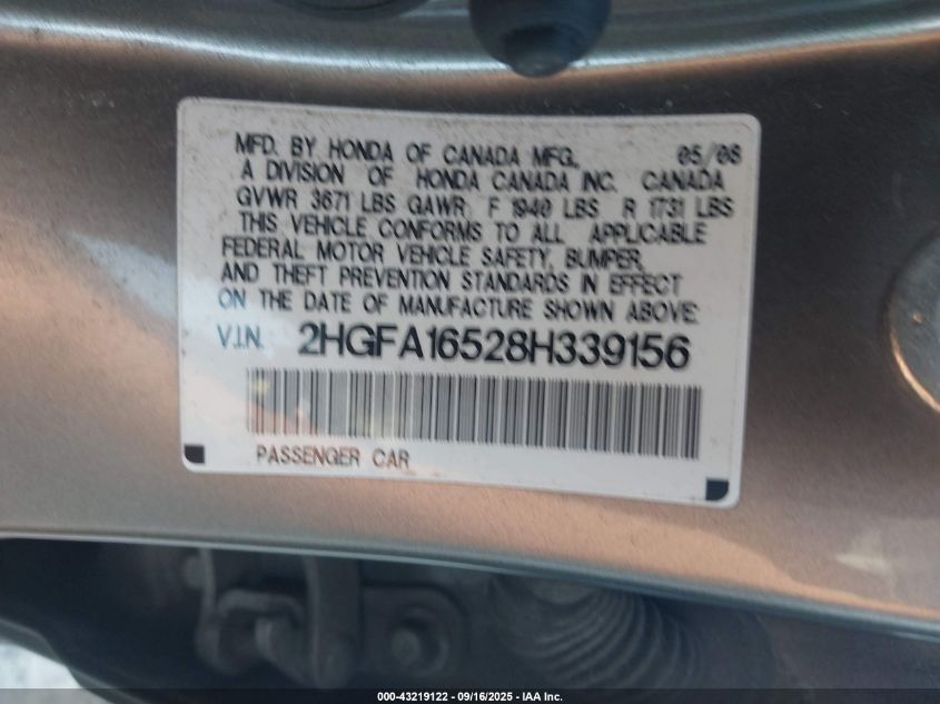 2008 Honda Civic Lx VIN: 2HGFA16528H339156 Lot: 43219122