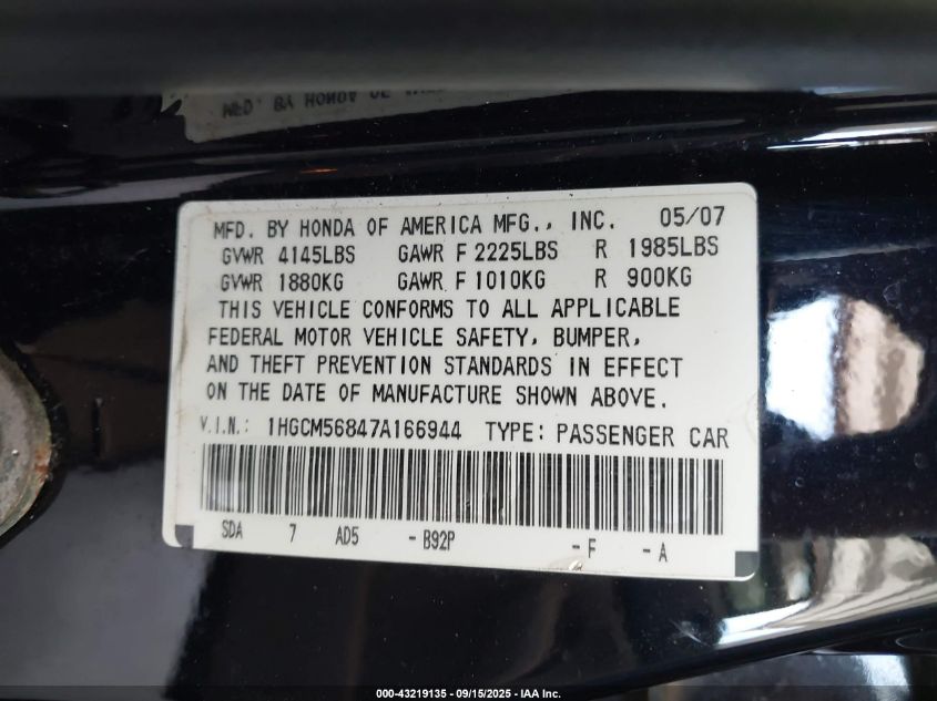 2007 Honda Accord 2.4 Ex VIN: 1HGCM56847A166944 Lot: 43219135