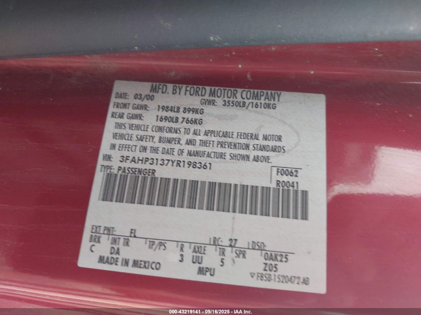 2000 Ford Focus Zx3 VIN: 3FAHP3137YR198361 Lot: 43219141