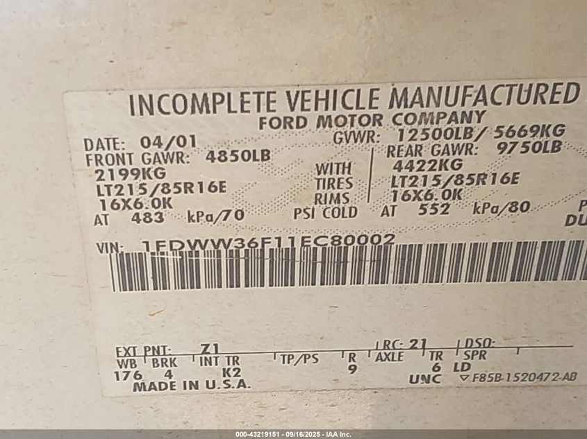 2001 Ford F-350 Lariat/Xl/Xlt VIN: 1FDWW36F11EC80002 Lot: 43219151