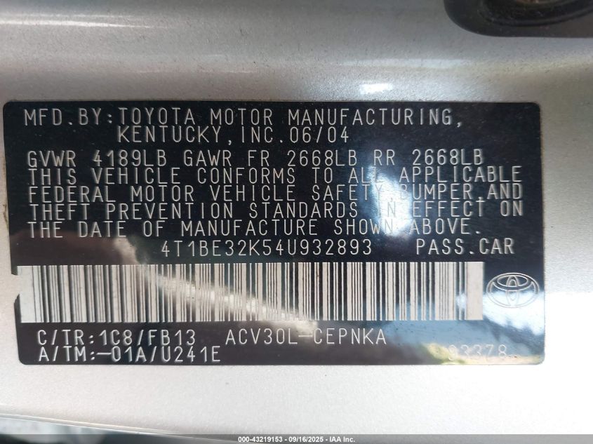 2004 Toyota Camry Le VIN: 4T1BE32K54U932893 Lot: 43219153