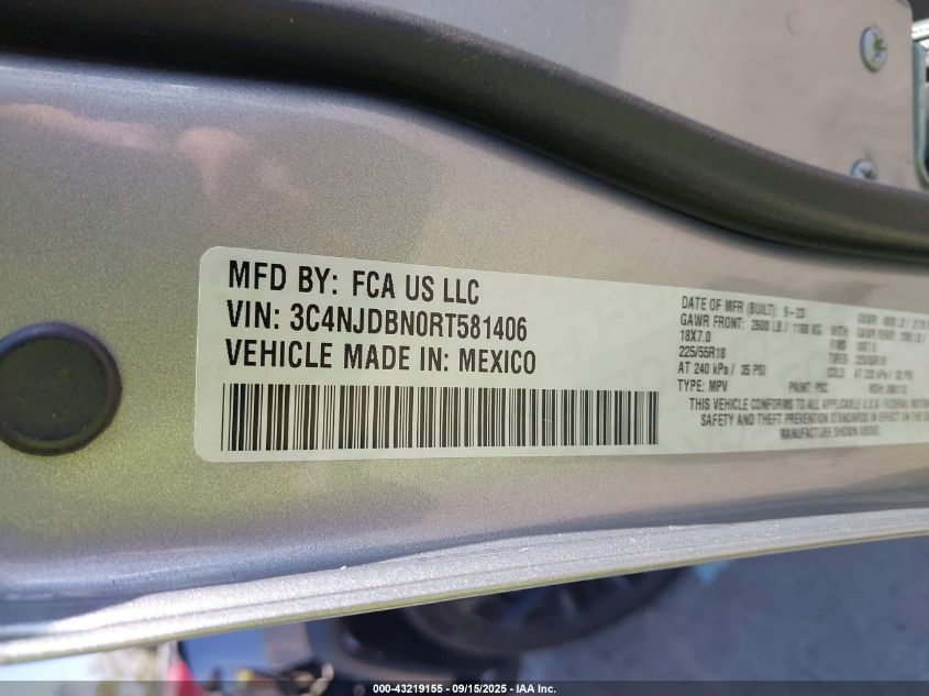 2024 Jeep Compass Latitude 4X4 VIN: 3C4NJDBN0RT581406 Lot: 43219155