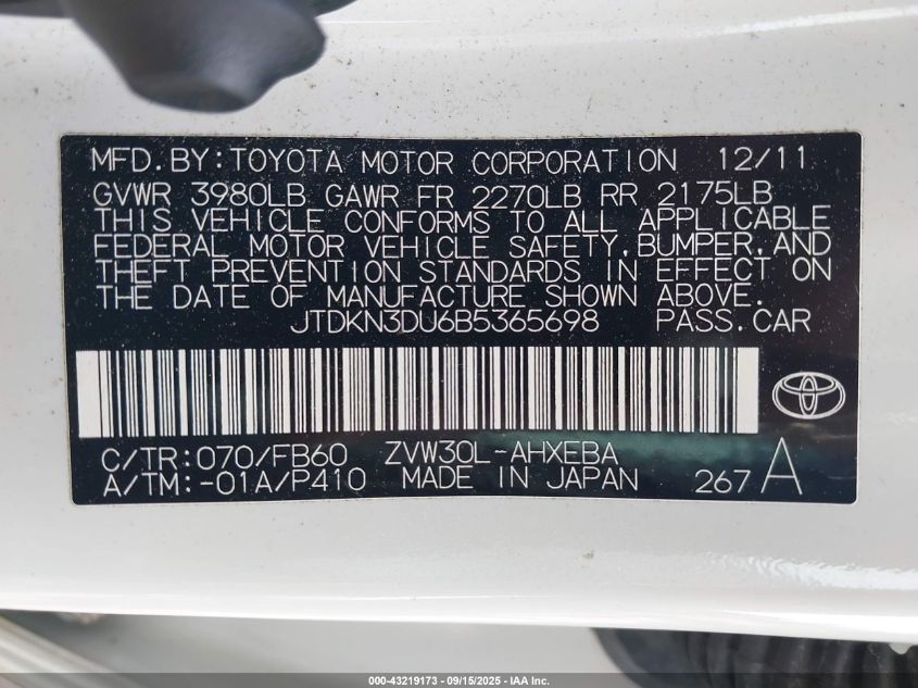 2011 Toyota Prius Two VIN: JTDKN3DU6B5365698 Lot: 43219173