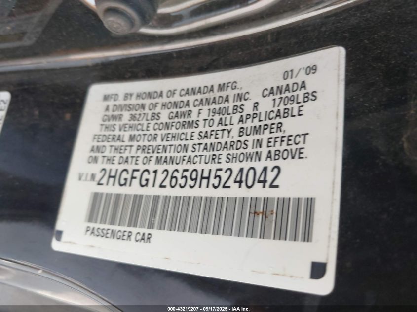 2009 Honda Civic Lx VIN: 2HGFG12659H524042 Lot: 43219207