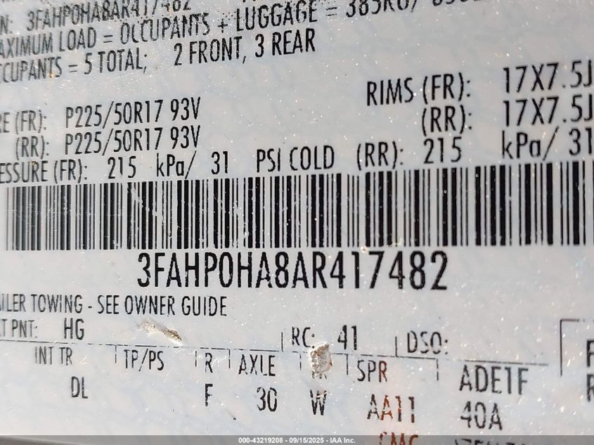 2010 Ford Fusion Se VIN: 3FAHP0HA8AR417482 Lot: 43219208