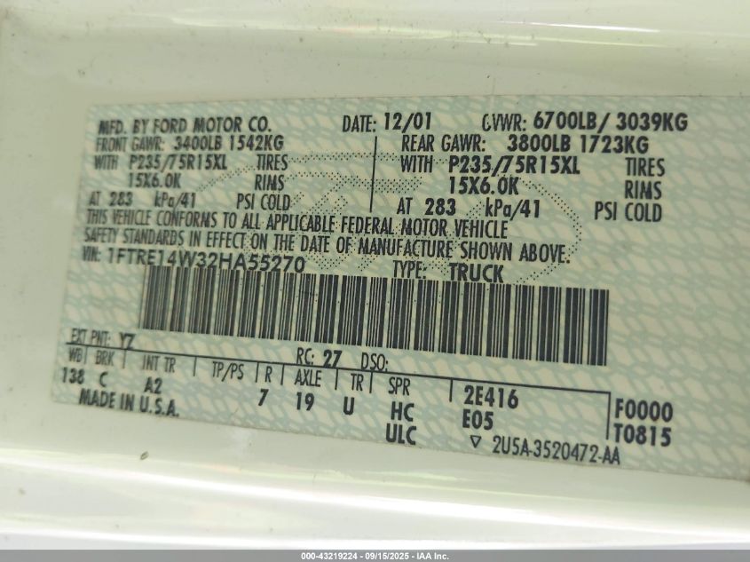 2002 Ford E-150 Commercial/Recreational VIN: 1FTRE14W32HA55270 Lot: 43219224