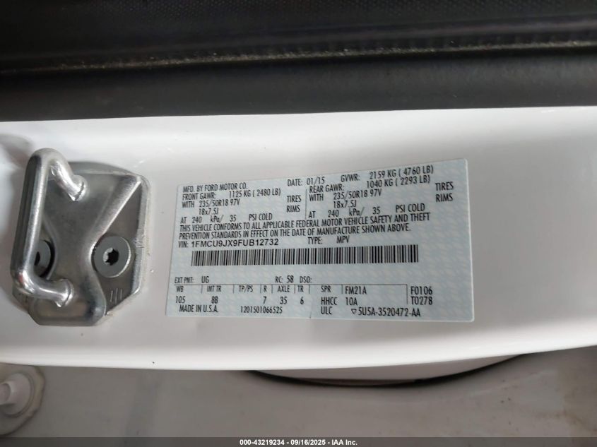 2015 Ford Escape Titanium VIN: 1FMCU9JX9FUB12732 Lot: 43219234