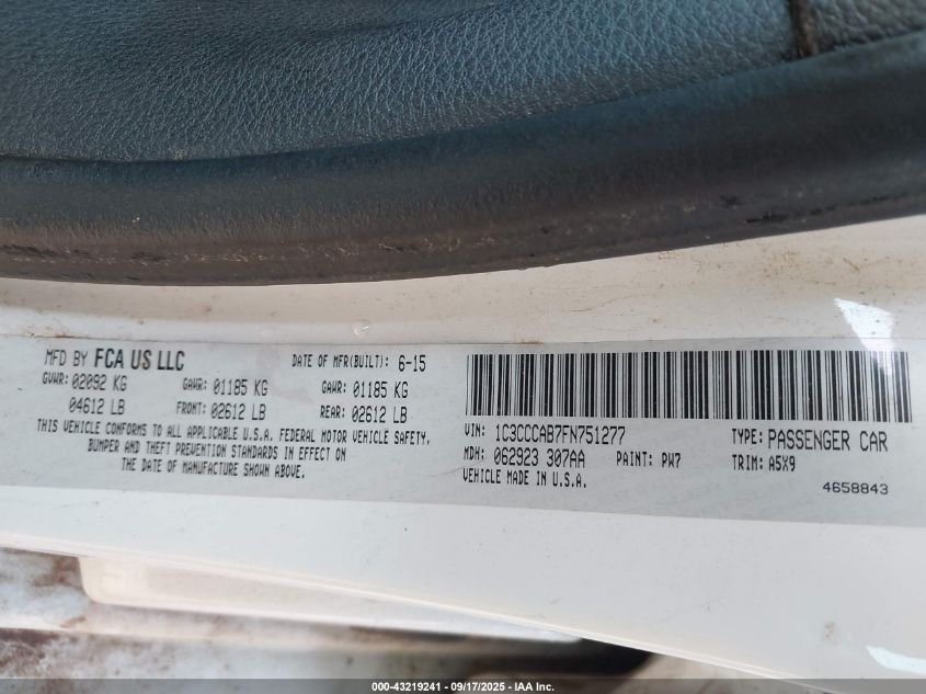 2015 Chrysler 200 Limited VIN: 1C3CCCAB7FN751277 Lot: 43219241