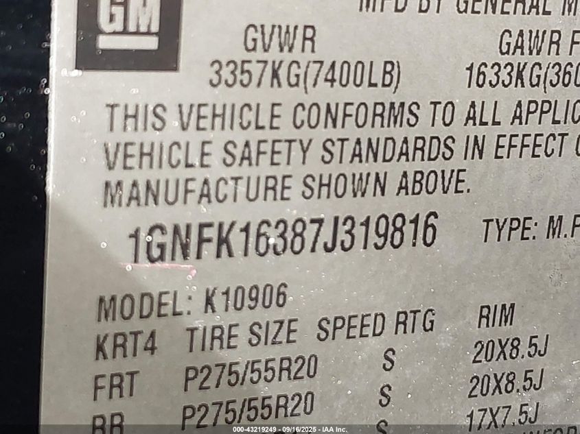 2007 Chevrolet Suburban 1500 Ltz VIN: 1GNFK16387J319816 Lot: 43219249