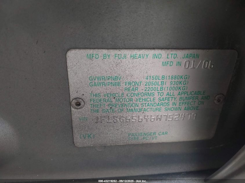2006 Subaru Forester 2.5X VIN: JF1SG65646H752479 Lot: 43219252
