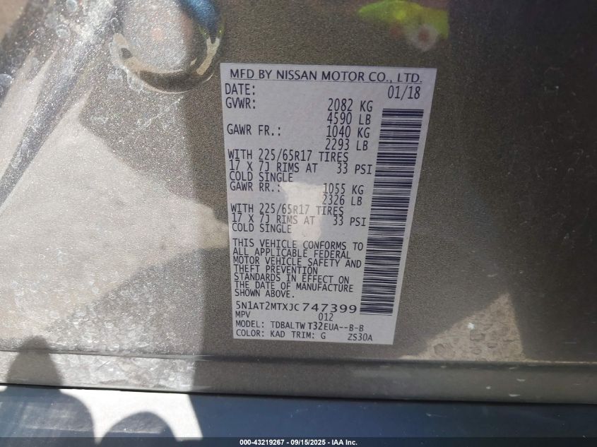 2018 Nissan Rogue Sv VIN: 5N1AT2MTXJC747399 Lot: 43219267