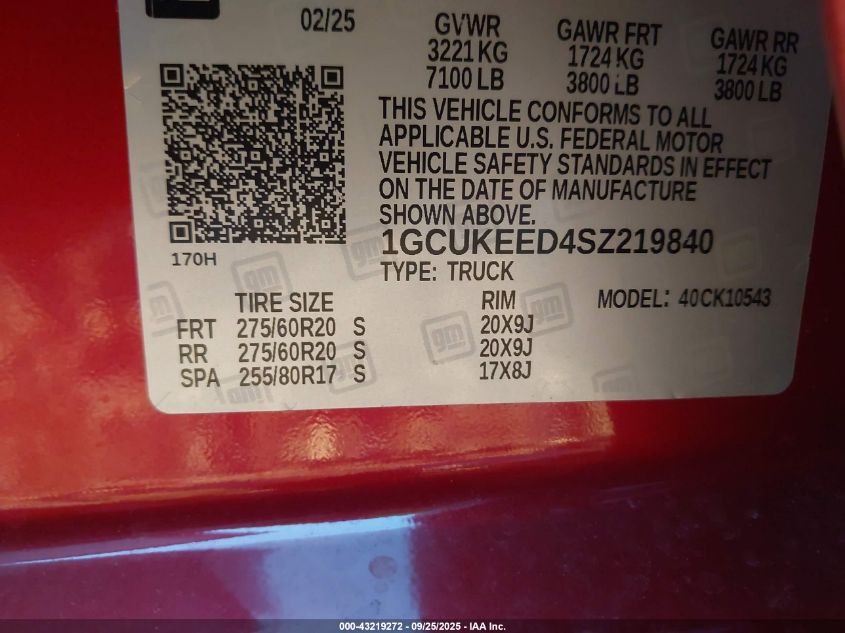 2025 Chevrolet Silverado 1500 4Wd Short Bed Rst VIN: 1GCUKEED4SZ219840 Lot: 43219272