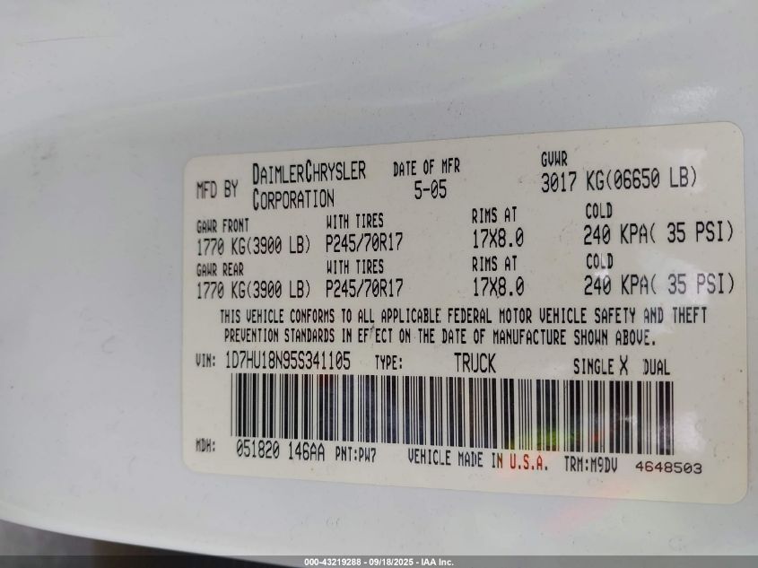 2005 Dodge Ram 1500 Slt/Laramie VIN: 1D7HU18N95S341105 Lot: 43219288