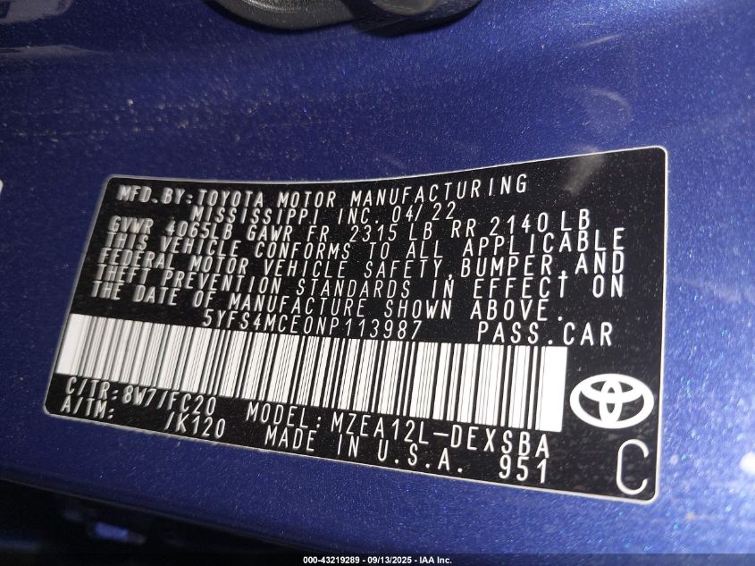 2022 Toyota Corolla Se VIN: 5YFS4MCE0NP113987 Lot: 43219289