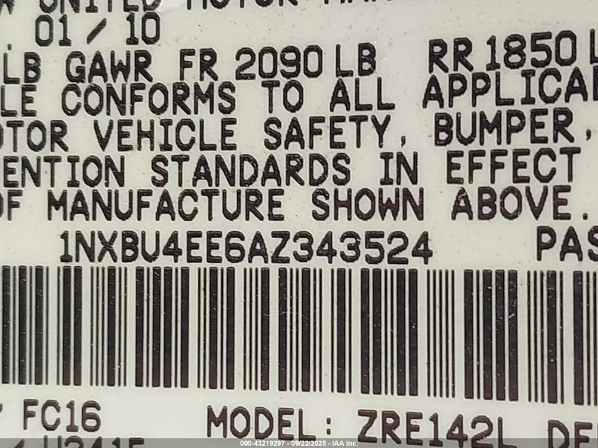 2010 Toyota Corolla Le VIN: 1NXBU4EE6AZ343524 Lot: 43219297
