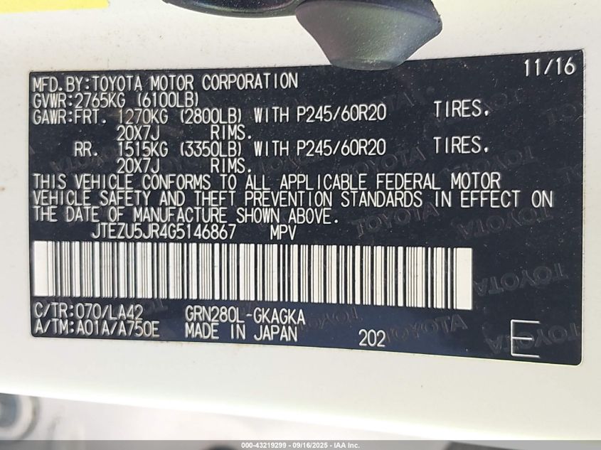 2016 Toyota 4Runner Limited VIN: JTEZU5JR4G5146867 Lot: 43219299