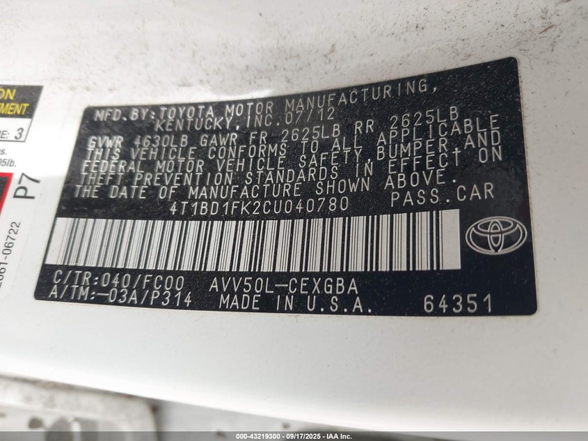 2012 Toyota Camry Hybrid Xle VIN: 4T1BD1FK2CU040780 Lot: 43219300