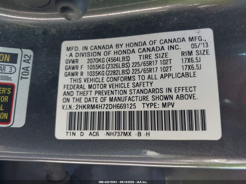 2013 Honda Cr-V Ex-L VIN: 2HKRM4H72DH669125 Lot: 43219301
