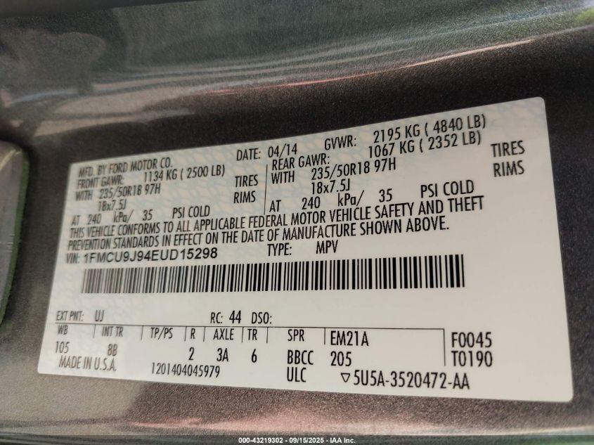 2014 Ford Escape Titanium VIN: 1FMCU9J94EUD15298 Lot: 43219302