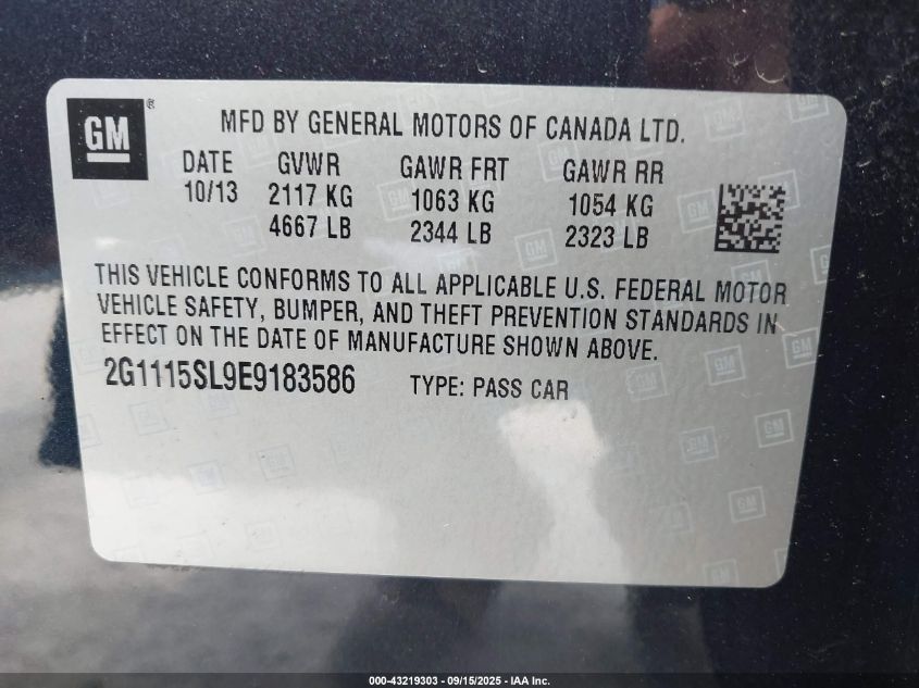 2014 Chevrolet Impala 1Lt VIN: 2G1115SL9E9183586 Lot: 43219303