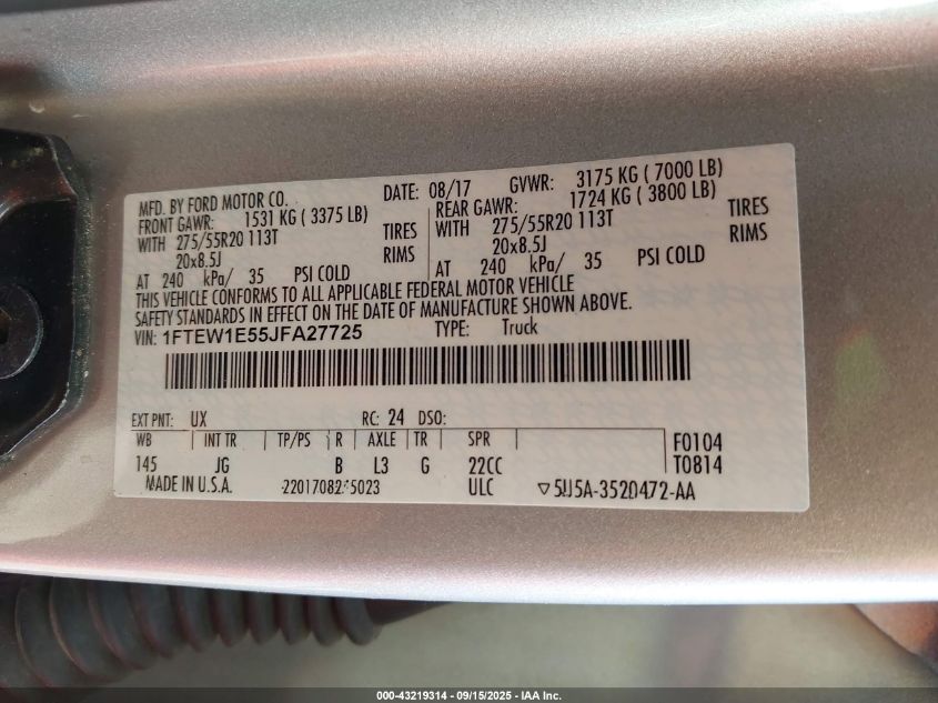 2018 Ford F-150 Xl VIN: 1FTEW1E55JFA27725 Lot: 43219314