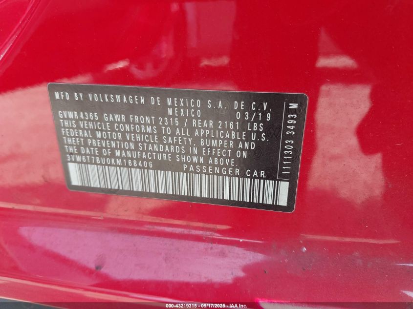 2019 Volkswagen Jetta Gli 2.0T 35Th Anniversary Edition/2.0T Autobahn/2.0T S VIN: 3VW6T7BU0KM168406 Lot: 43219315