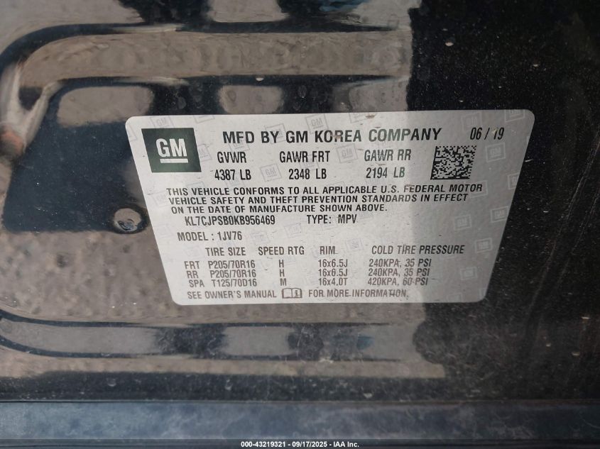 2019 Chevrolet Trax Lt VIN: KL7CJPSB0KB956469 Lot: 43219321