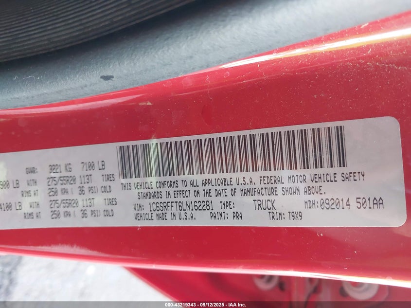 2020 Ram 1500 Big Horn 4X4 5'7 Box VIN: 1C6SRFFT6LN162281 Lot: 43219343