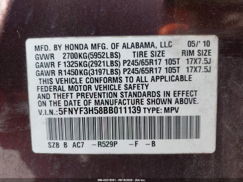 2011 Honda Pilot Ex-L VIN: 5FNYF3H58BB011139 Lot: 43219351