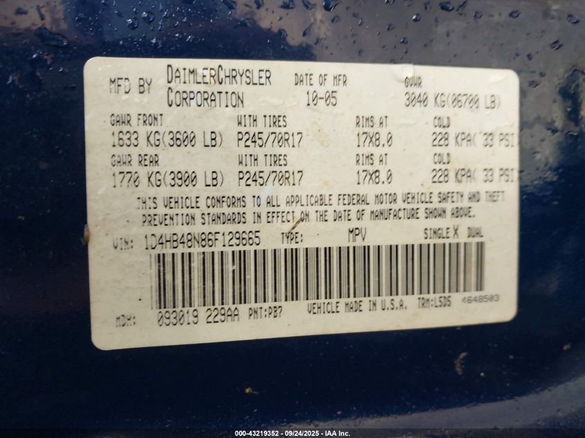 2006 Dodge Durango Slt VIN: 1D4HB48N86F129665 Lot: 43219352