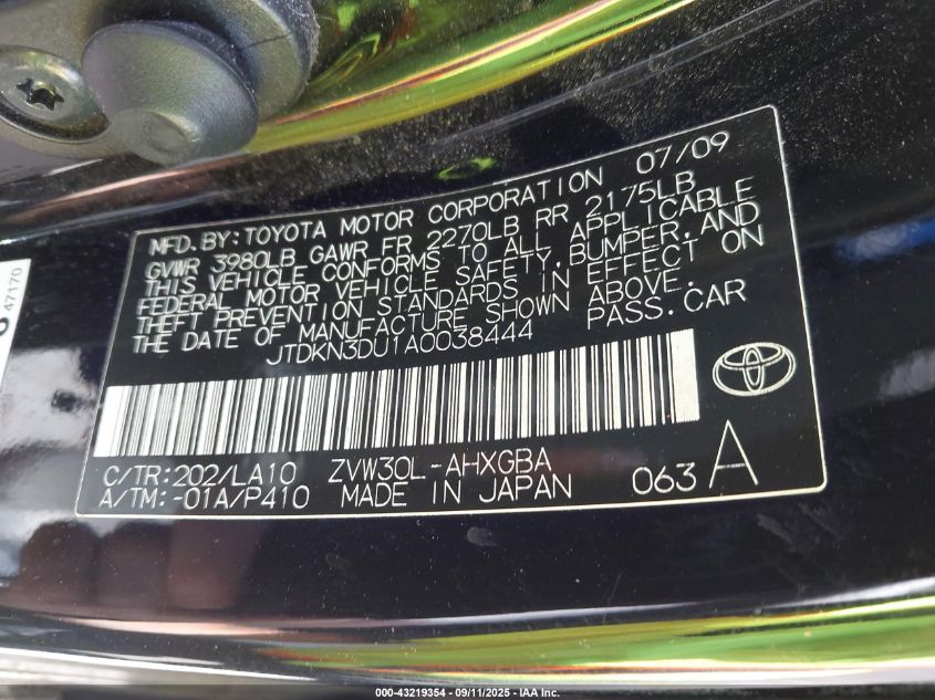 2010 Toyota Prius Iv VIN: JTDKN3DU1A0038444 Lot: 43219354
