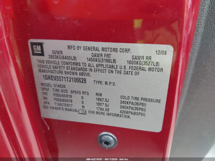 2007 GMC Acadia Slt-1 VIN: 1GKEV33717J106628 Lot: 43219357