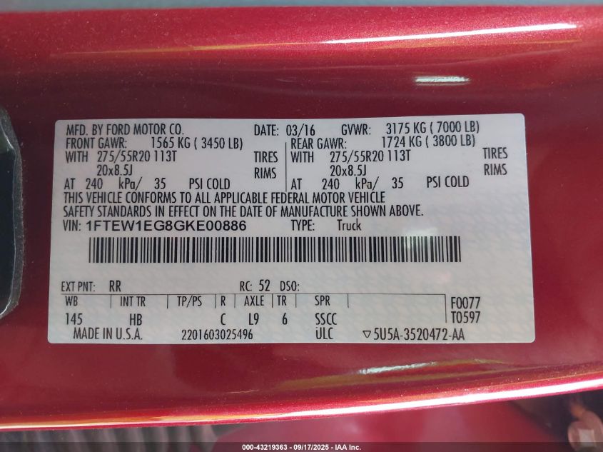 2016 Ford F-150 Lariat VIN: 1FTEW1EG8GKE00886 Lot: 43219363