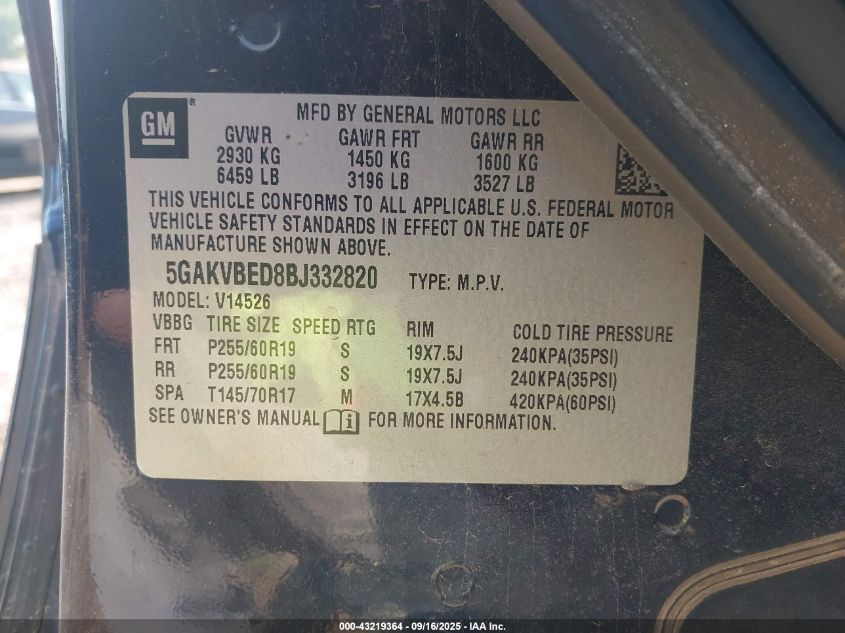 2011 Buick Enclave 1Xl VIN: 5GAKVBED8BJ332820 Lot: 43219364