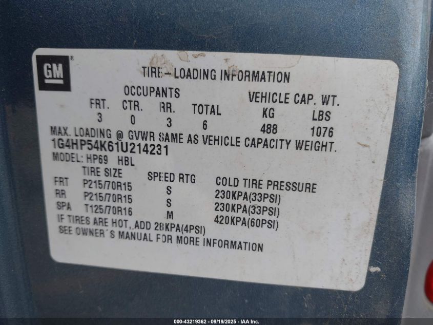 2001 Buick Lesabre Custom VIN: 1G4HP54K61U214231 Lot: 43219362