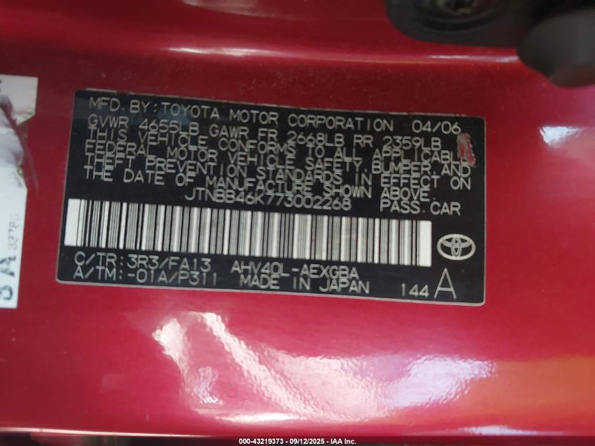 2007 Toyota Camry Hybrid VIN: JTNBB46K773002268 Lot: 43219373