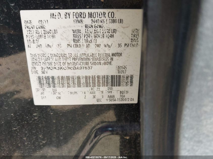 2011 Ford Edge Limited VIN: 2FMDK3KC0BBA97637 Lot: 43219376