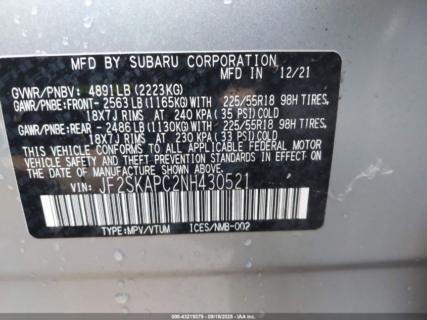 2022 Subaru Forester Limited VIN: JF2SKAPC2NH430521 Lot: 43219379