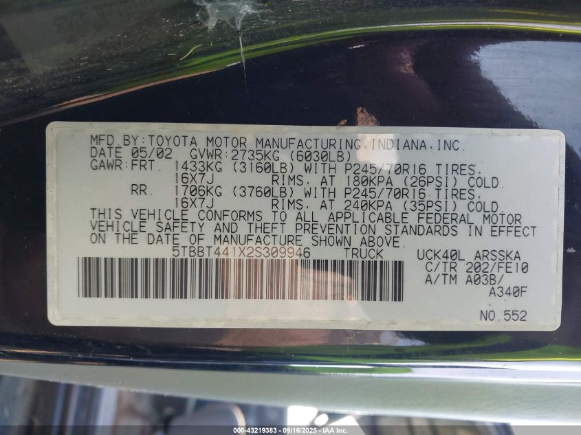 2002 Toyota Tundra Sr5 V8 VIN: 5TBBT441X2S309946 Lot: 43219383