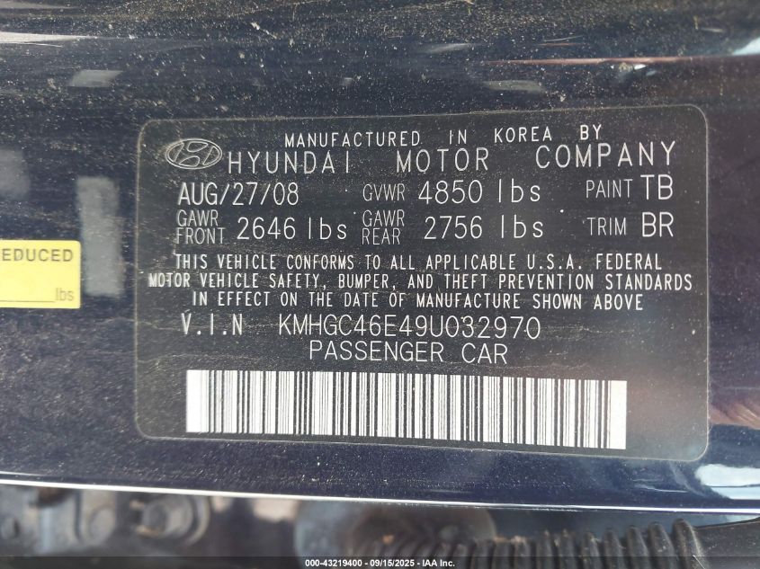 2009 Hyundai Genesis 3.8 VIN: KMHGC46E49U032970 Lot: 43219400