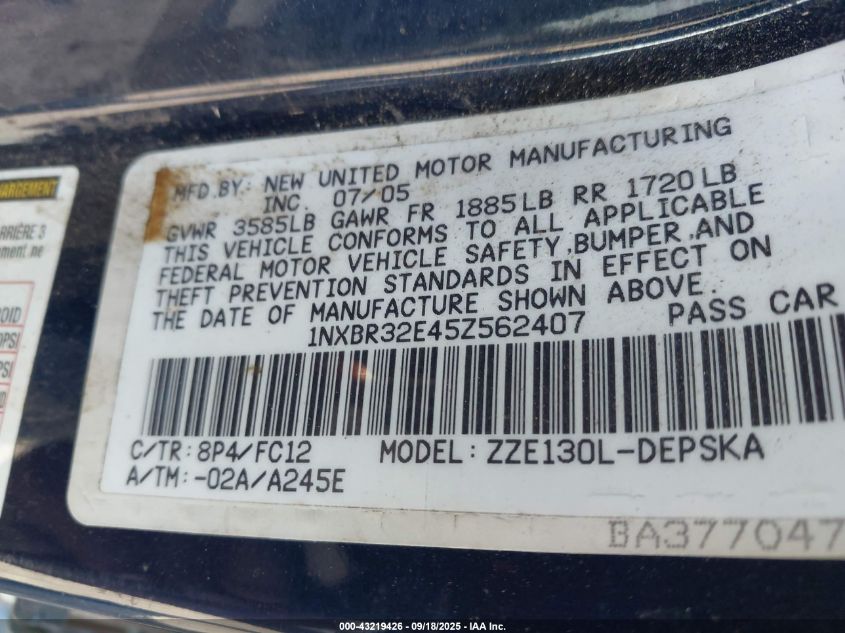 2005 Toyota Corolla S VIN: 1NXBR32E45Z562407 Lot: 43219426