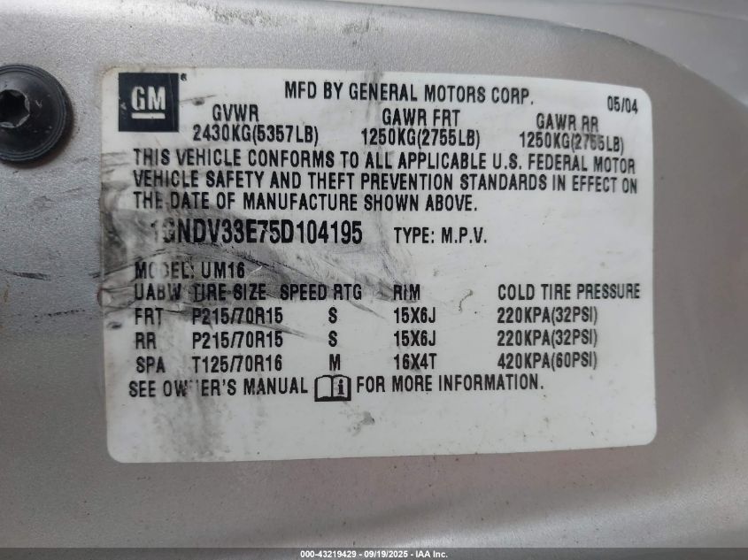 2005 Chevrolet Venture Lt VIN: 1GNDV33E75D104195 Lot: 43219429