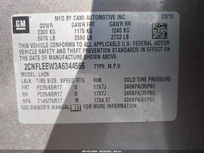 2010 Chevrolet Equinox Lt VIN: 2CNFLEEW3A6344566 Lot: 43219456