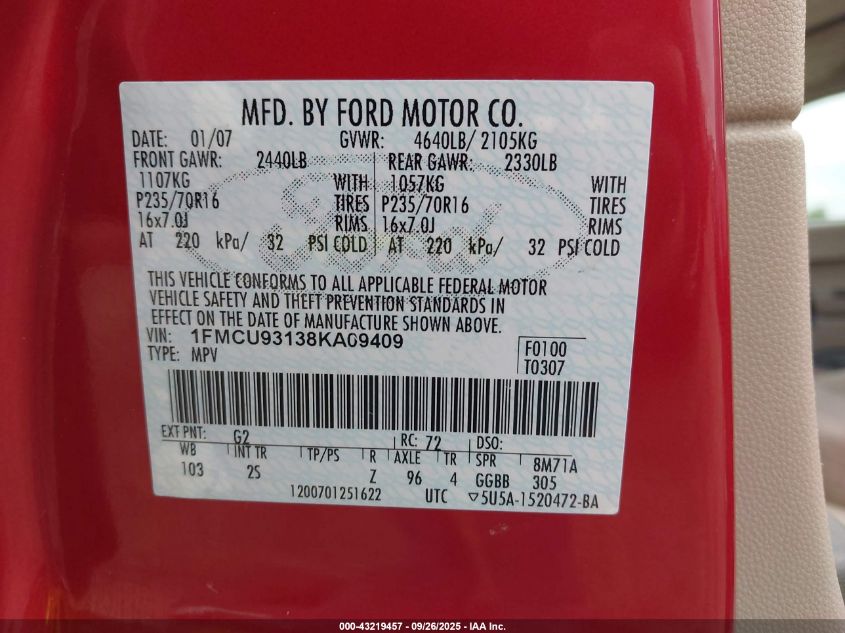 2008 Ford Escape Xlt VIN: 1FMCU93138KA09409 Lot: 43219457