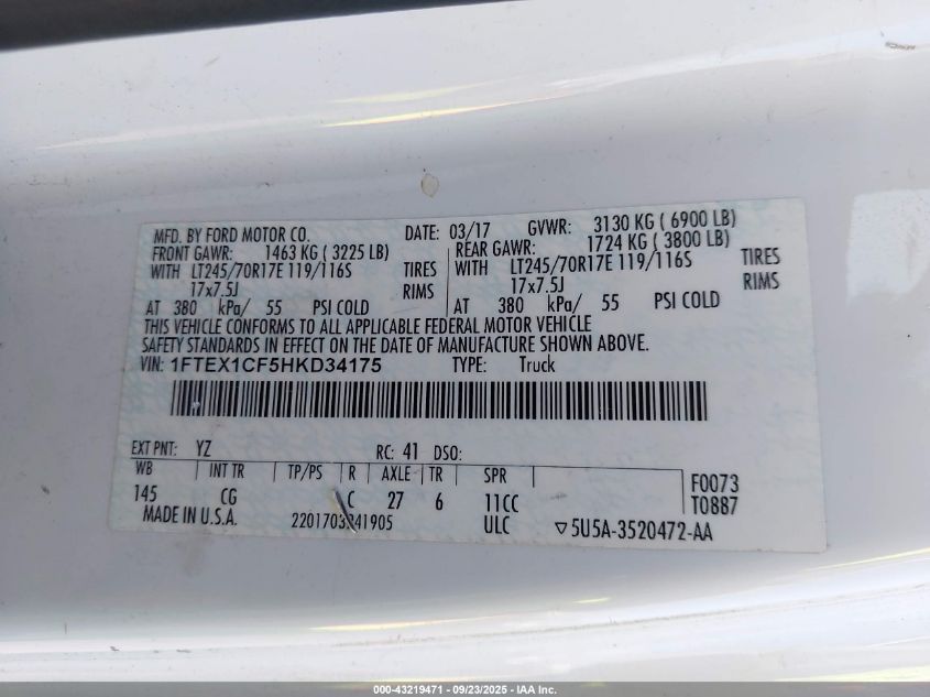 2017 Ford F-150 Xl VIN: 1FTEX1CF5HKD34175 Lot: 43219471