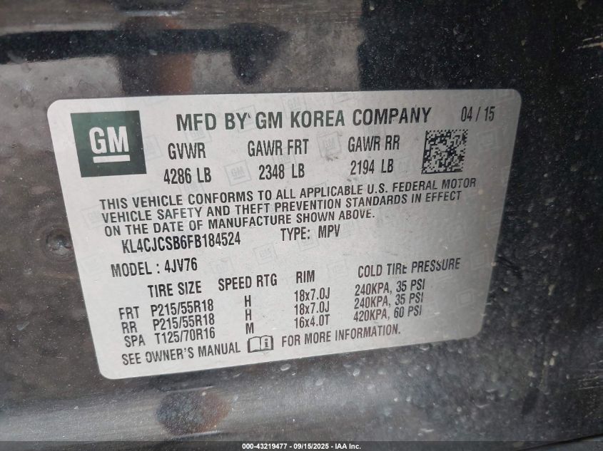 2015 Buick Encore Leather VIN: KL4CJCSB6FB184524 Lot: 43219477