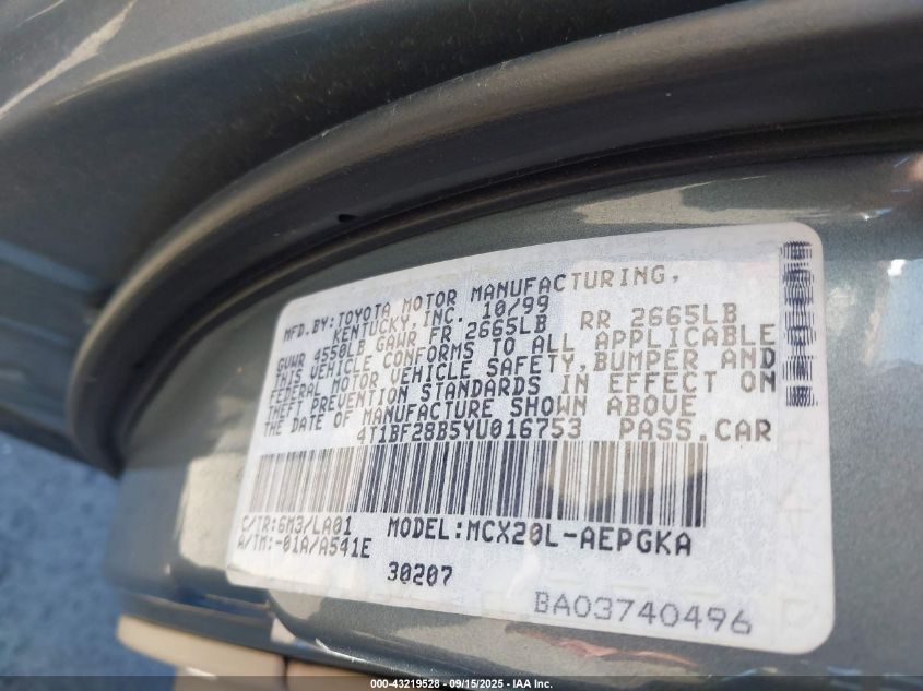 2000 Toyota Avalon Xls VIN: 4T1BF28B5YU016753 Lot: 43219528