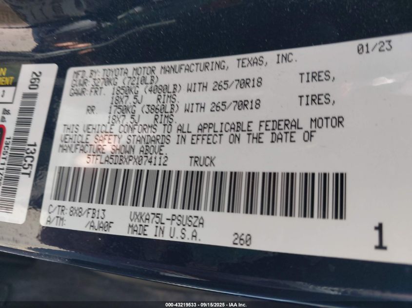 2023 Toyota Tundra Sr5 VIN: 5TFLA5DBXPX074112 Lot: 43219533